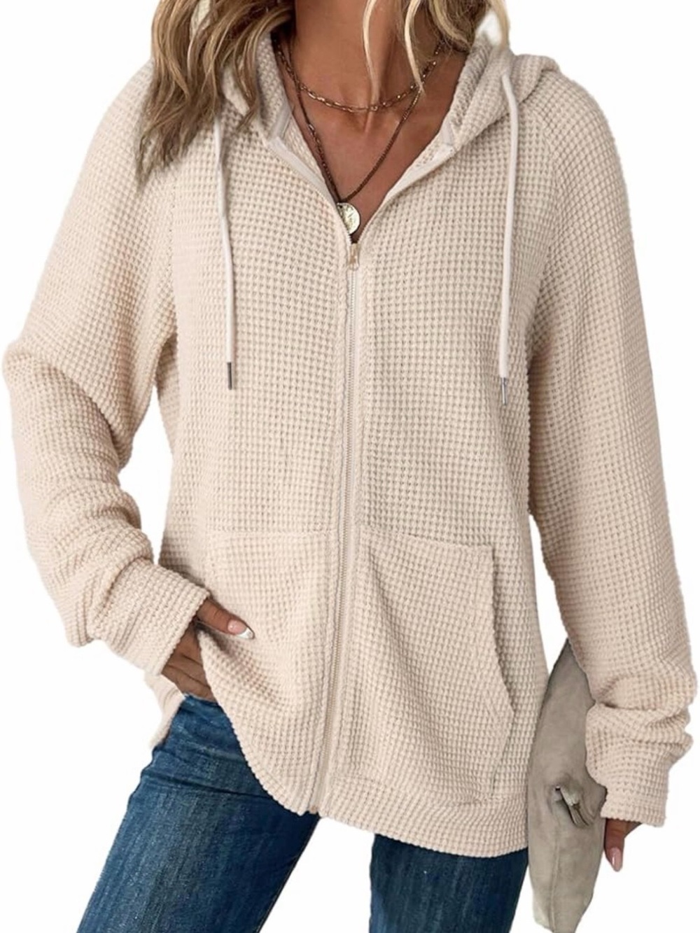 Zara Cream Waffle Knit Zip Hoodie